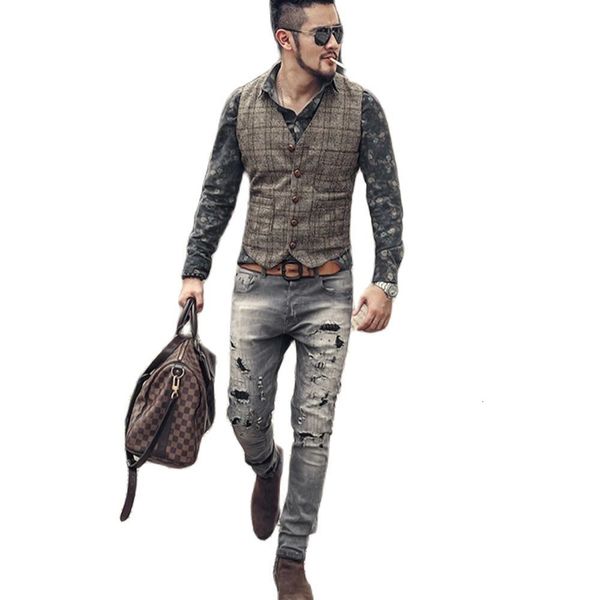 Gilet da uomo Abito da uomo Uomo Marrone Nero Gilet Gilet Uomo Plaid Steampunk Giacca a righe in tweed con scollo a V Slim Fit Gilet Abbigliamento da sposa 230320