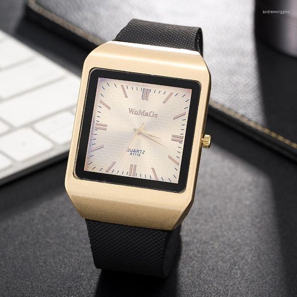 Orologi da polso Womage Orologi da uomo Fashion Rectangle Gold Mens Cinturino in silicone Quarzo Relogio Masculino Horloge Heren