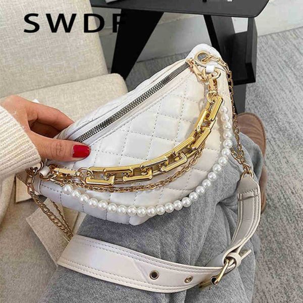 New Pearl Chain Fanny Pack Mulheres Bolsa de couro de couro Luxury Pack Pack mini -fêmea Belt Belt Belt Sacors Ladies ombro Crossbody Bag Wallet 220720