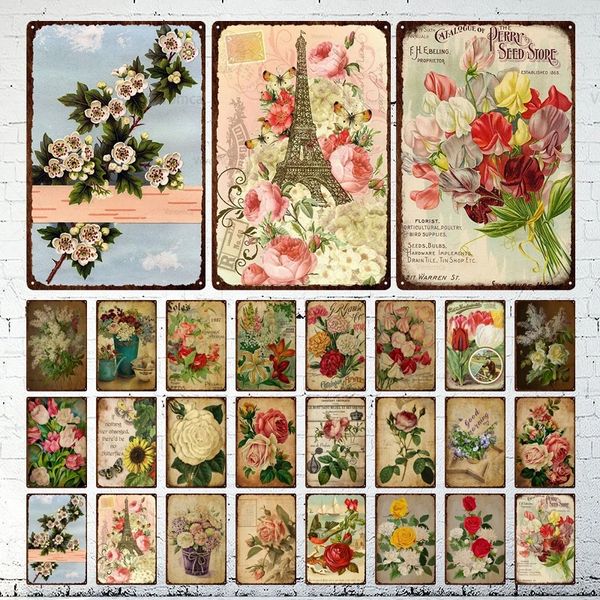 Fiori Poster in metallo Vintage Targa in metallo Placca Chic Shabby Farm Garden Decor Piastra da parete in metallo per la casa Bar Club Negozio di fiori 30X20cm W03