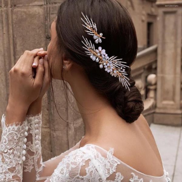 Accessori per capelli TRIXY HP01 Tiara da sposa dorata Perla d'acqua dolce Gioielli per capelli da sposa Clip laterali Pezzi da sposa in cristallo