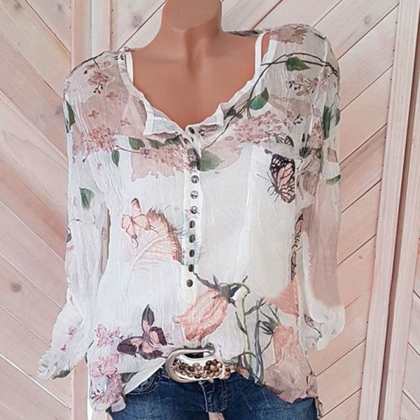 Camicette da donna Camicie Donna Casual Camicia con bottoni stampati floreali Camicetta Stile bohemien in chiffon Orlo irregolare Top Abbigliamento da donna DropWomen'