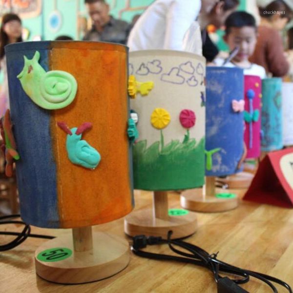 Tischlampen DIY kreative Lampe Kunst Design bemalt Ton Papier geschnitten Eltern-Kind-Aktivität Requisiten Holz Leinen Stoff Lampenschirm