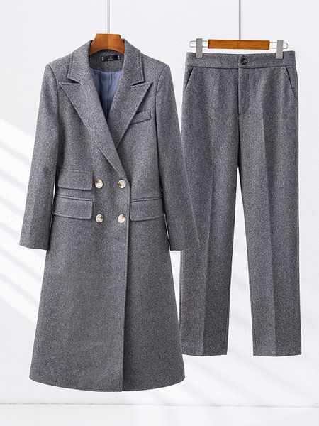 Damenanzüge, Blazer, Damen-Hosenanzug, Damen, Grau, Kaffee, Aprikose, zweireihiger langer Blazer, Jacke und Hose, Arbeitskleidung, formelles 2-teiliges Set 230320