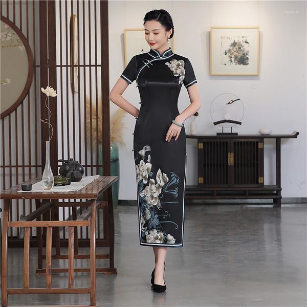 Этническая одежда Неважно размером 4xl 5xl Винтажный восточный стиль женский сцену шоу Длинное Qipao Summer Print Floral Элегантное вечернее платье Район