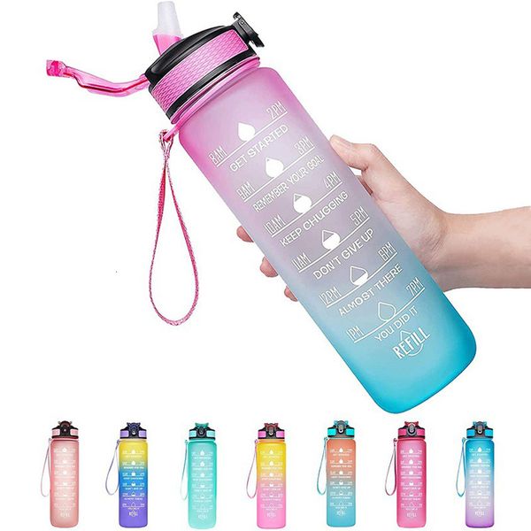 Wasserflaschen 1 Liter Wasserflasche mit Strohhalm, auslaufsicheres Getränk, Sport, ästhetischer Kürbis, Fitnessstudio, Protein-Shaker, Fitness-Zeitmarkierung, tragbar, BPA-frei, 230320