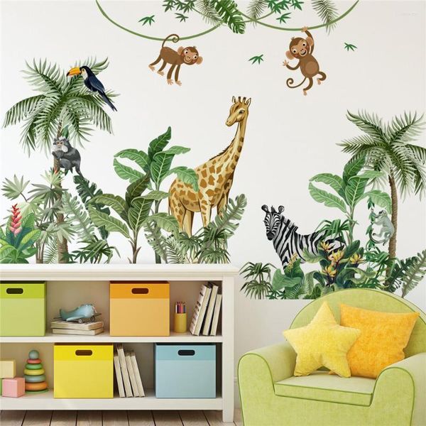 Wallpapers Jungle Animal Plam Großer Wanddekor-Aufkleber für Kinderzimmer Schlafzimmer Selbstklebende Tapete Wandbild Giraff Zebra Monkey Aufkleber