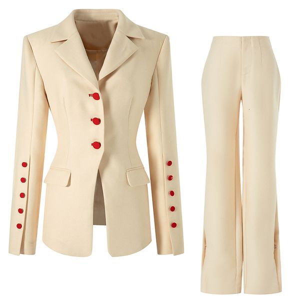 Ternos femininos Blazers Sets de duas peças Blazer calça bege mulheres escritório Único botão vermelho de trespassado