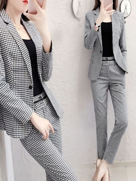 Abiti da donna Blazer 2 pezzi Eleganti donne Plaid Set Moda Vintage Office Business Casual Blazer monopetto Giacca Pantaloni Pantaloni 230320