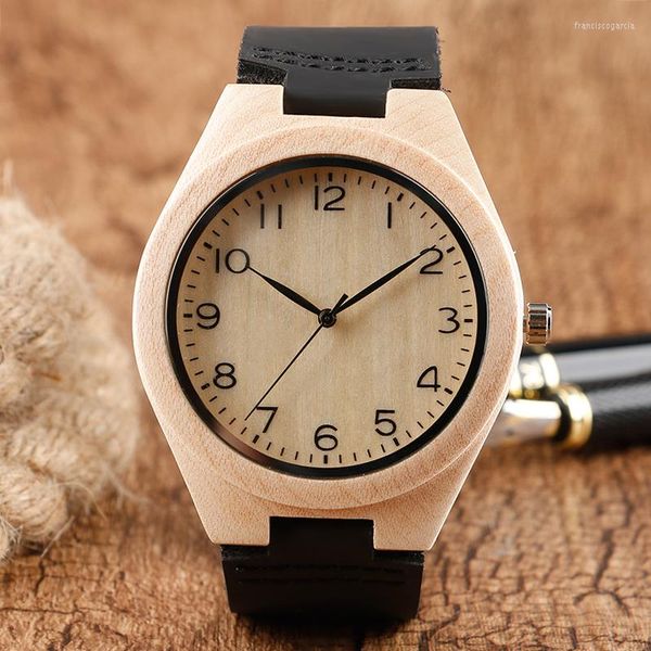 Orologi da polso Cassa in legno naturale Orologio da polso Numeri arabi Uomini moderni Cinturino in vera pelle di bambù Alla moda Quarzo maschile Regali in legno