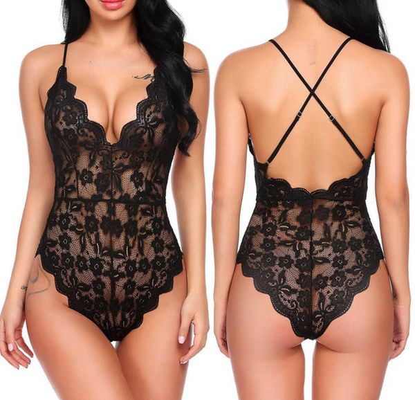 Indumenti da notte da donna Indumenti da notte sexy Lingerie One Piece Babydoll Camicia da notte Scava fuori Profondo scollo a V Abiti in pizzo Camicie da notte Perizoma Indumenti da notte