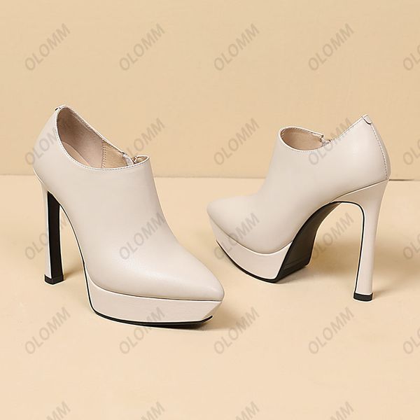 Sapatos femininos feitos à mão Olomm de couro real, sexy, finos, salto alto, bico fino, bege, preto, sapatos de festa, senhoras, tamanho US 3-9,5