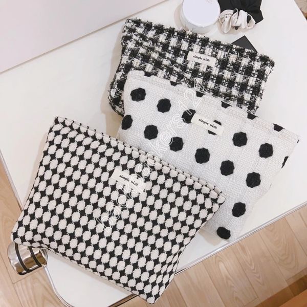 Moda Bolsas de maquiagem xadrez preto e branco