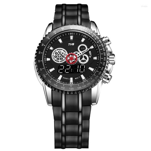 Montres-bracelets Montre Hommes Quartz Double Mouvement Or Grand Cadran Temps Gear LED Alarme Affaires Double Mouvement Cadeaux D'anniversaire Pour Mari TVG 902