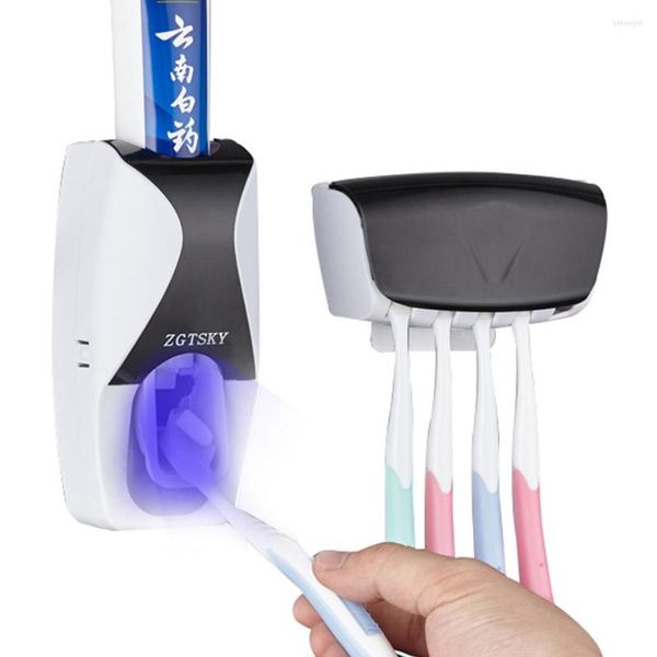 Set di accessori per il bagno Dispenser di dentifricio a mani libere con portaspazzolino Spremiagrumi automatico a parete per bambini anziani