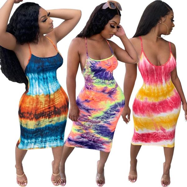 Casual Kleider Strap Mid Länge Tie Dye Halter Sexy Damen Sommer Druck Fashion Square Kragen 2023 Frauen Kleidung 2XL plus Größe