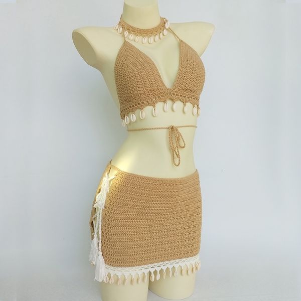 Kadın Mayo 3pcs Bikini Set Kadın Tığ kabuğu püskül bikini üst ve deniz ayak bileği zinciri seksi plaj etek dantel, ince mini etek 230317