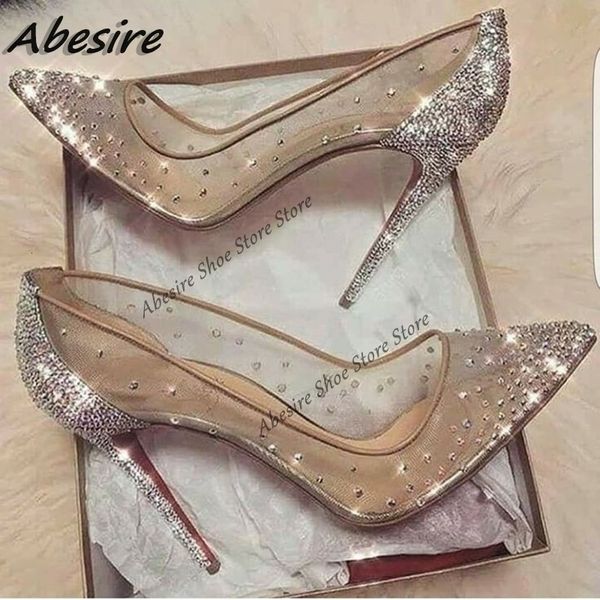 Elbise ayakkabıları abesire kristal pompalar sığ kristal stilettos katı pompalar bej yüksek topuklu kadın bahar ayakkabıları moda parti seksi büyük boyut 230320