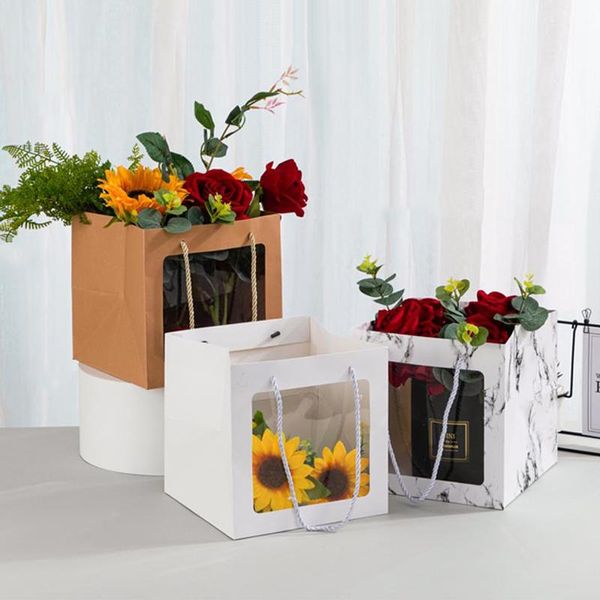 Geschenkpapier, 1 Stück, Blumen-Papiertüte, transparente Fensterboxen, transparenter Marmor, tragbare Verpackungstasche