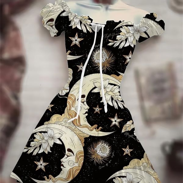 Lässige Kleider Horror Halloween Schwarzes Kostüm Sonne Mond Kleid Hawaiianisches Bohemian-Kleid Schönheit Schwarze Vogelscheuche 3D 230317