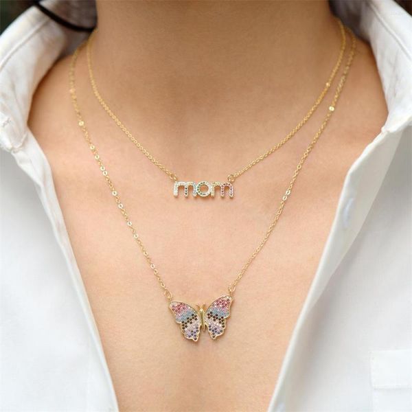 Anhänger Halsketten MOM Buchstaben Schmuck Mikro-Intarsien Zirkon Schmetterling Mehrschichtige Kupfer Vergoldete Gliederkette Halskette Für