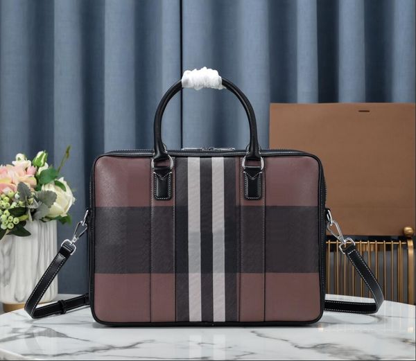 Neue Männer Schulter Aktentasche Taschen Original Gestreifte Plaid Leder Designer Handtasche Business Laptop Tasche Messenger Bags Totes Herren Gepäck Computer Handtaschen 38CM