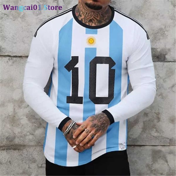 wangcai01 DIY T-Shirt, Argentinien-Flagge, individueller Name, Rundhalsausschnitt, blau, 3D-Druck, T-Shirt, Streifendruck, Straße, langes Seve-Sweatshirt, lässiges Oberteil 0320H23