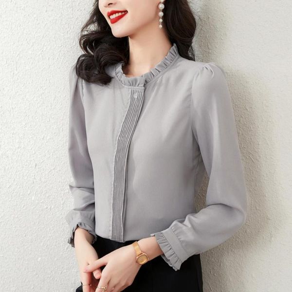 Blouses femininas Mulheres da primavera Ruffles Stand Collar Chiffon Blouse Tops Blusas de manga longa Mujer de Moda 2023 fêmea