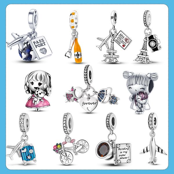 925 Silver Fit Pandora Original Charms DIY подвесные женские браслеты из бусинки туристические чары паспорт самолет маленькая девочка кофейная чашка