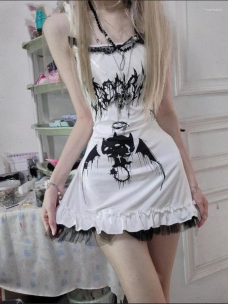 Casual Kleider Halloween Gothic Punk Ärmelloses Tank Kleid Frauen Gedruckt Fee Grunge Y2k Harajuku Sexy Robe Streetwear Schwarz Vestidos