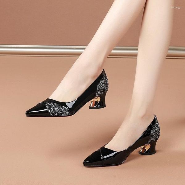 Scarpe eleganti tallone set spesse piedi sexy da donna in pelle di brevetto con tacco alto con tacco medio-match