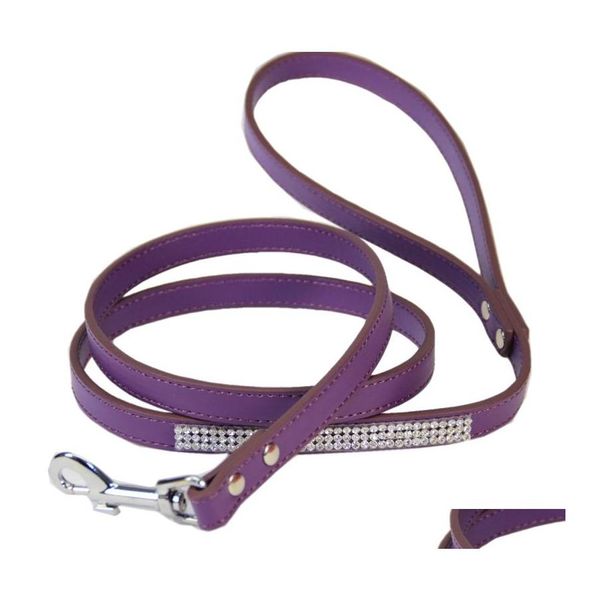 Hundehalsbänder Leinen Mode Diamante Pu-Leder Leine Bling Strass Kragen Haustier Walking Leads Kleine Welpenbedarf Lila Rosa Dh0Jn