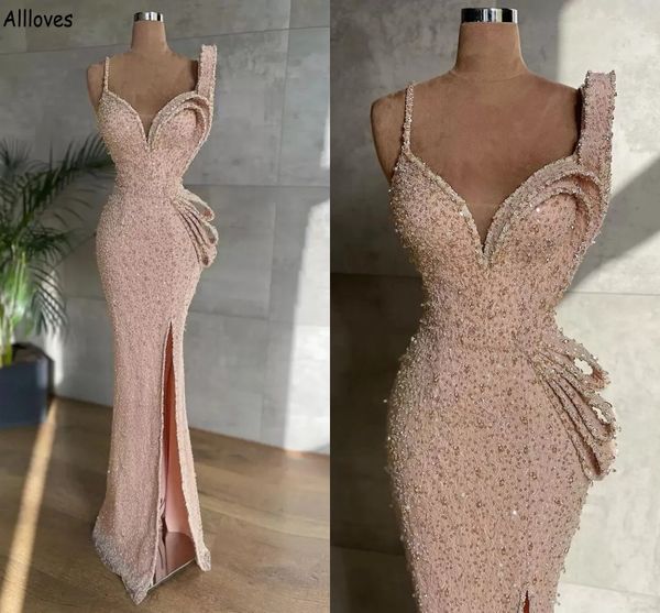 Hellrosa glitzernde Kristalle-Abschlussballkleider, Spaghetti-Träger, gerüscht, schillernde Pailletten, Perlen, Meerjungfrau, Abend-Party-Kleid, sexy seitliches Split-Second-Empfangskleid CL2035