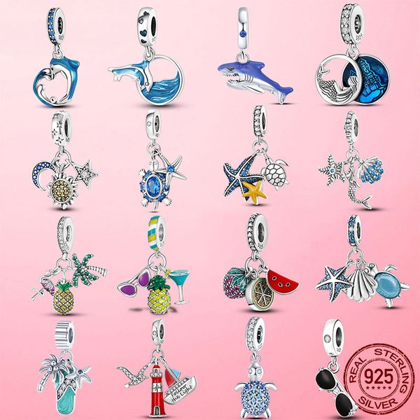 925 Silver Fit Pandora Charmos originais pingentes pingentes de braceletes de pingentes DIY Contas Novo design Tartaruga marinho azul de verão Oceano Dangle