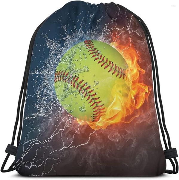 Borse per la spesa Borsa da zaino con coulisse da baseball Palla sull'acqua e sullo sfondo di alleggerimento del fuoco Gioco di sport americani Palestra sportiva