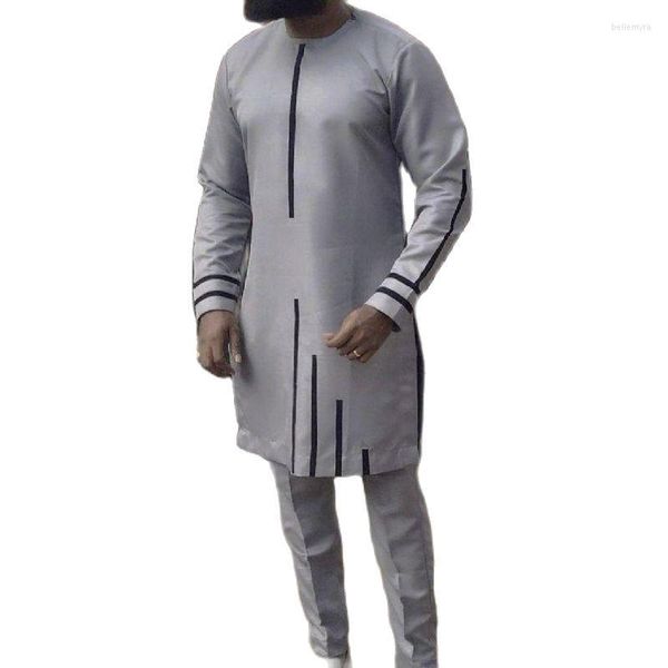 Roupas étnicas listras pretas listras de retalhos camisas masculinas prata cinza calças sólidas estilo de moda africana conjuntos de calça masculina personalizada nigeriana