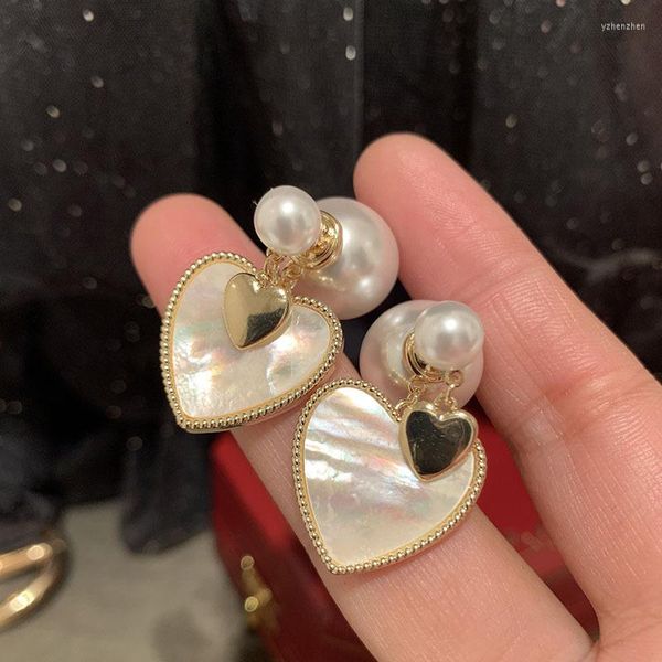 Orecchini pendenti moda doppia punta grande piccola perla per le donne gioielli coreani eleganti vintage conchiglia cuore pendenti con nappa goccia