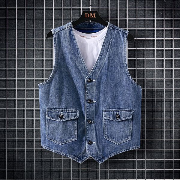 Herrenwesten Frühlings Sommer Männer Denim Weste Jacke Mode Lose Persönlichkeit Rückengurt lässig blau männlich ärmellose Jean Coat 230320