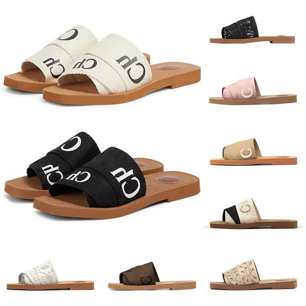 Sandálias Woody designer quente de verão para mulheres Mules slides planos bege claro bege branco preto renda rosa Lettering Tecido chinelos de lona sapatos femininos de verão ao ar livre