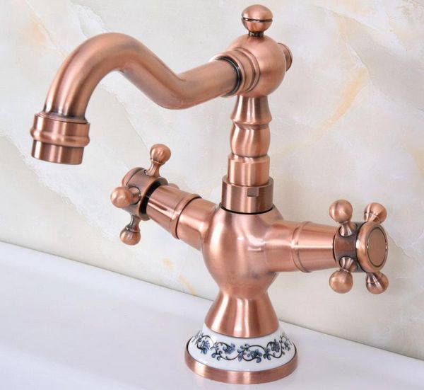 Küchenarmaturen Antique Red Copper Dual Cross Griffe Keramik Basis Badezimmer Becken Waschbecken Wasserhahn Mixer Tap Drehspoutdeck montiert MNF615