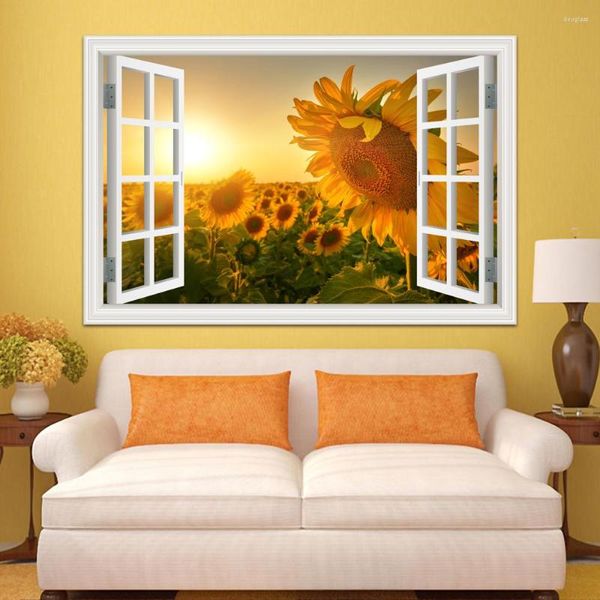 Wandaufkleber, einteilig, Großhandel, gelbe Sonnenblume, Sonnenuntergang, Landschaft, moderne Aufkleber, Tapete, 3D-Blumenfensteransicht, Raumdekoration