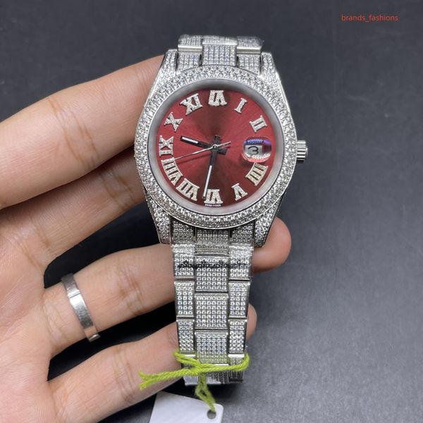 Orologi meccanici automatici da uomo fatti a mano pieni di diamanti, quadrante rosso con cinturino in acciaio tempestato di diamanti, orologi da polso da lavoro