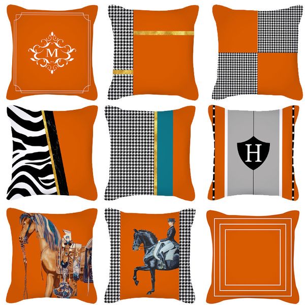 Nova moda fronhas laranja popular ins quadrado capa de almofada pêssego veludo h casa sofá fronha padrão cavalo eletrodomésticos travesseiro grade preto e branco