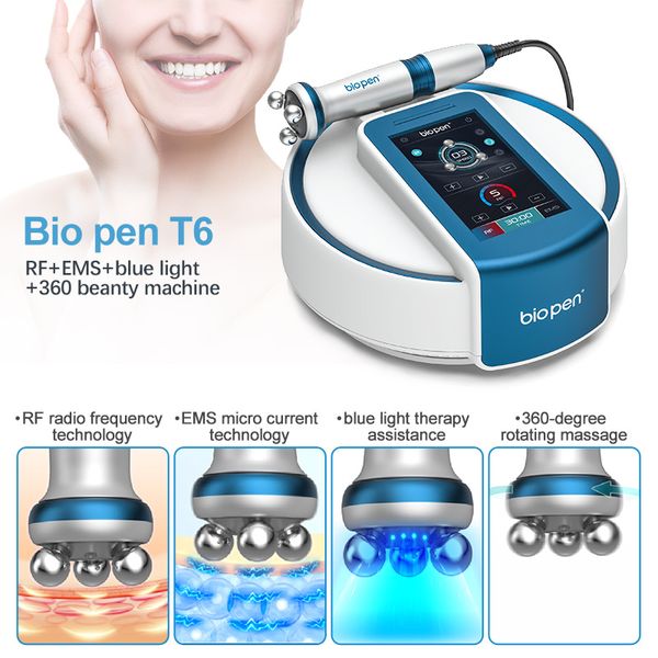 Uso doméstico EMS RF 360 Roller rotativo Massageador micro corrente azul terapia de luz Skin Remoção de rugas Face Lift BiOpen T6 Dispositivos de beleza