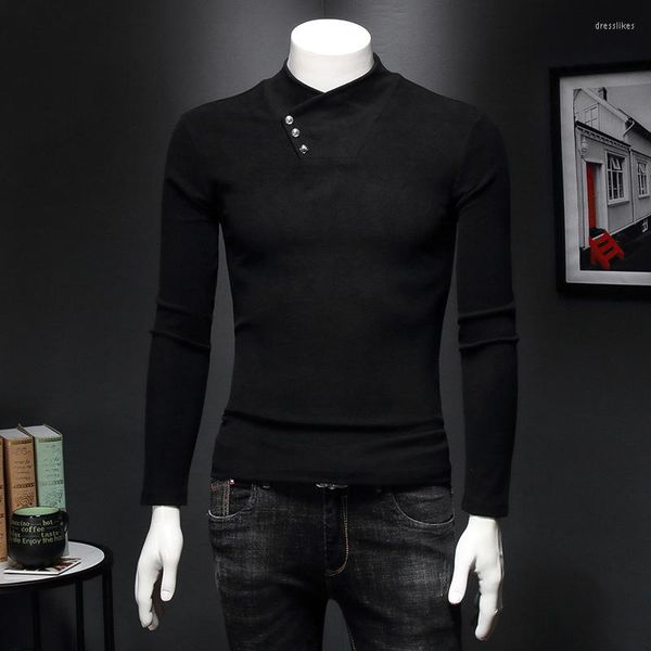 Herren-T-Shirts, übergroß, langärmelig, schwarzes Hemd, Herren-Top, Designer-Persönlichkeit, Knopf-Stil, Herren-T-Shirt, halber Rollkragen, dicke Oberteile, 5XL, C15