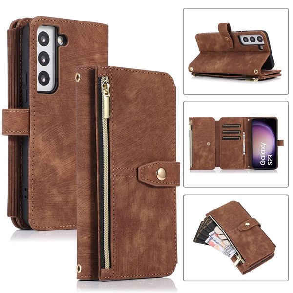 Flip Leather Cell Phone Cases for S23 PLUS S22 Ultra S21FE NOTE20 A14 A34 A54 A33 A53 Google 7 pro Zipper Pocket Wallet Purse Cover with Card Slot Holder Wrist Strap