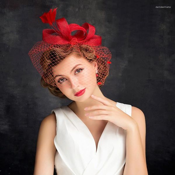 Copricapo 2023 Coreano Moda Donna Cappello Pizzo Floreale Cappelli da sposa Accessori da sposa Garza rossa Copricapo femminile Elegante