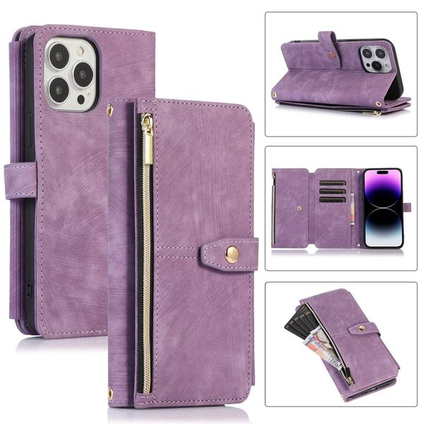 Flip Leather Cell Phone Cases for Iphone 14 pro max 11 12 13 XS MAX 6 7 8 PLUS Zipper Pocket Wallet Purse Cover with Card Slot Holder Wrist Strap
