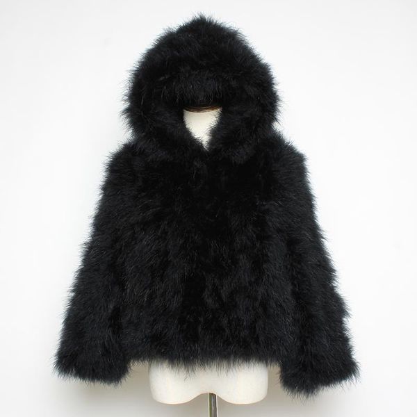 Женская меховая фальшивая фальсификация зимняя женщина с капюшоном с капюшоном мода Сексуальные пальто подлинные индейки перьев черное пальто короткое натуральное