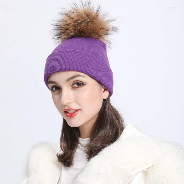 Berretti beanie/tappi del cranio donne inverno venti colori cappello a maglia per pelliccia vera pelliccia di pelliccia vera acrilica di alta qualità da donna di alta qualità le palline possono essere tinte